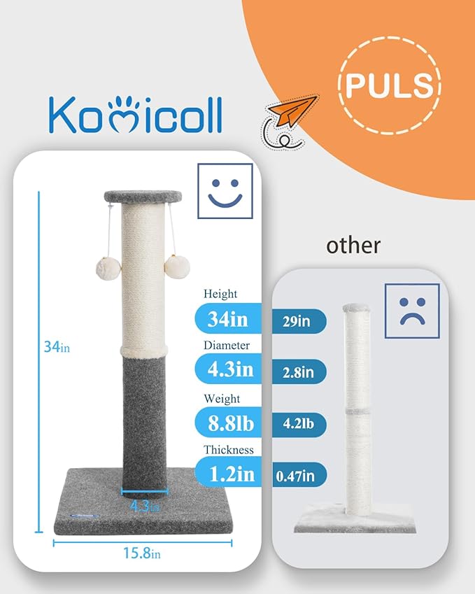 34-Inch Tall Cat Scratching Post, Komicoll Large Scratch Post, Sisal Cat - Image 5