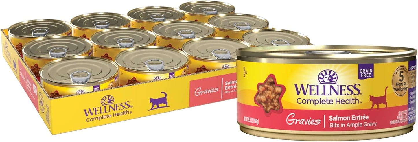 Wellness Complete Health Gravy Adult Wet Cat Food, Natural, Protein-Rich, Grain Free, 5.5 Ounce, 12 Pack, (Salmon Entree)