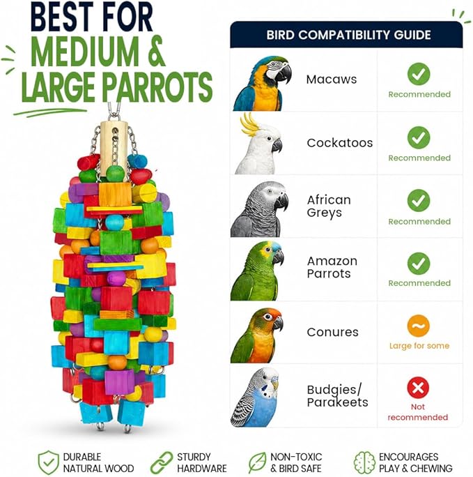 Large Bird Toy, 20 in XL Parrot Toys Natural Wood Blocks Bird Chew Toy - Image 5