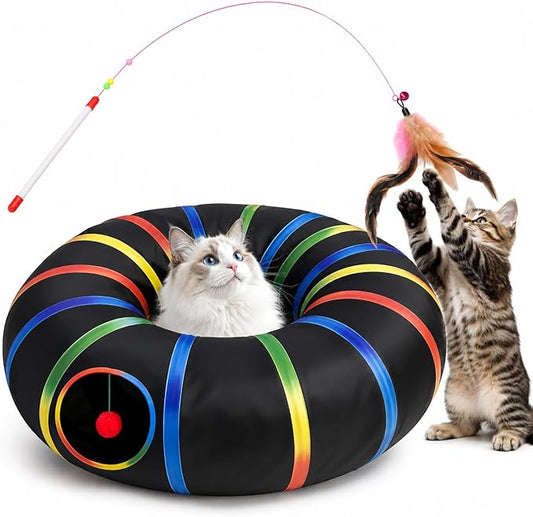Cat Tunnel Toy with Plush Ball & Cat Wand Feather Toys-Portable Tattaff by MAKEPETLUCKY-WelcometoCatTunnelClub