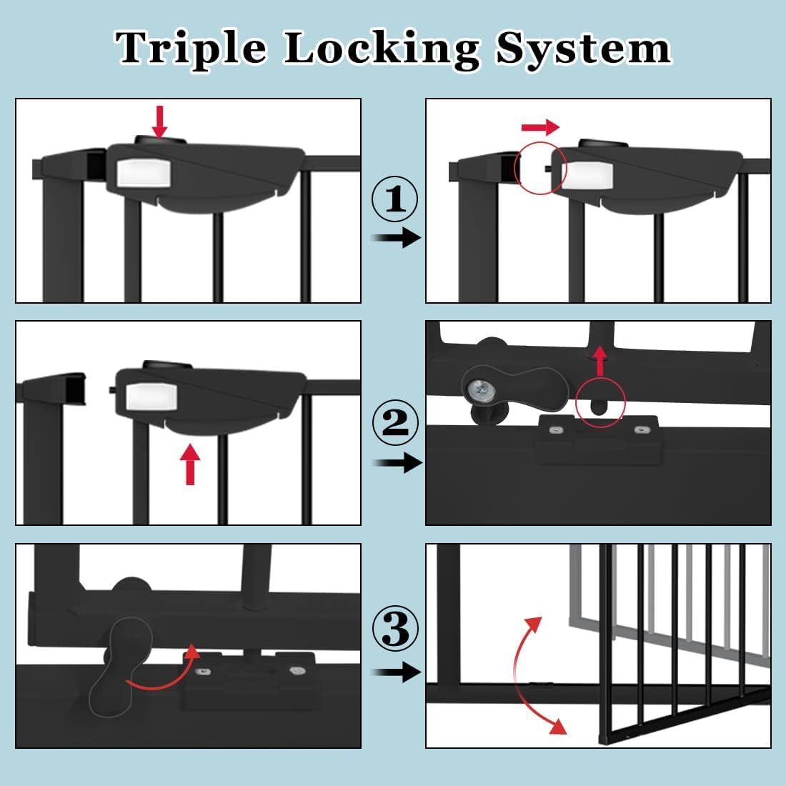 WAOWAO Triple Lock 68.11-75.98" Baby Gate Extra Wide Pressure Mounted Walk Through Swing Auto Close Safety Black Metal Dog Pet Puppy for Stairs,Doorways,Kitchen