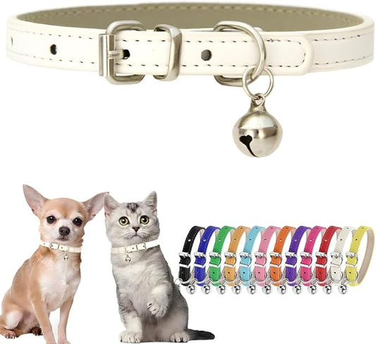 Puppy Collar with Bell Faux Leather White Dog Collar by Hotlion