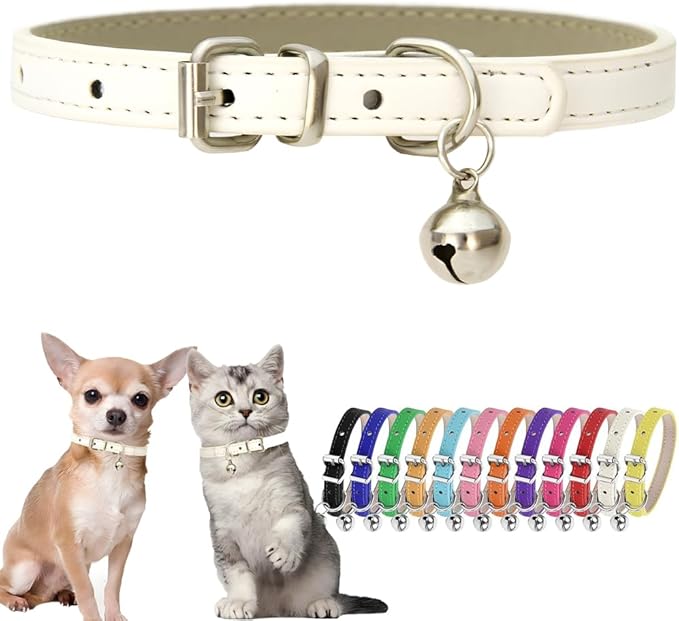 White XS Dog Collar with Bell Leather Puppy Collar with Bell Adjustable Buckle by Hotlion