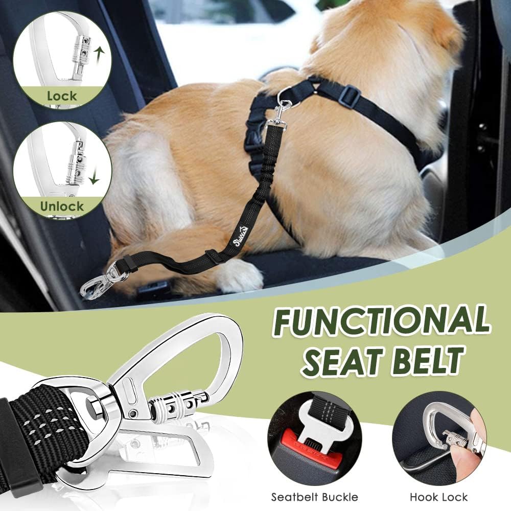 Lukovee Dog Seat Belt for Car, Adjustable Dog Car Harness for Large Medium Small Dogs, Soft Padded & Breathable Mesh Dog Seatbelt with Car Strap and Carabiner(Lime Green Double Clip,Small)