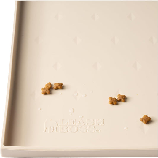 Leash Boss Dog Food Mat – Waterproof Silicone Pet Feeding Mat with Raised Edges for Dogs & Cats, Non-Slip Placemat for Food & Water Bowls, Spill-Proof Floor Protection, Easy to Clean(Beige,ML-20"x13")