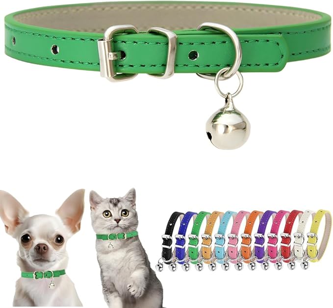 Green XXS Dog Collar with Bell PU Leather Puppy Collar with Bell Adjustable by Hotlion