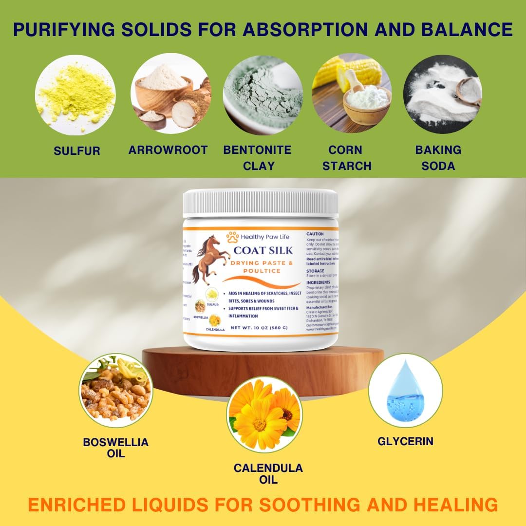 Coat Silk Drying Paste & Poultice for Horses – Natural Relief for Wounds, Scratches, Sores & Sweet Itch – Enriched with Sulfur, Boswellia & Calendula – 10 oz