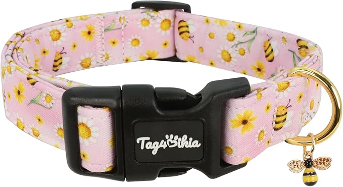 Dog Collar with Bees & Flowers Pattern, Spring Summer Collection Pink Dog by Unknown