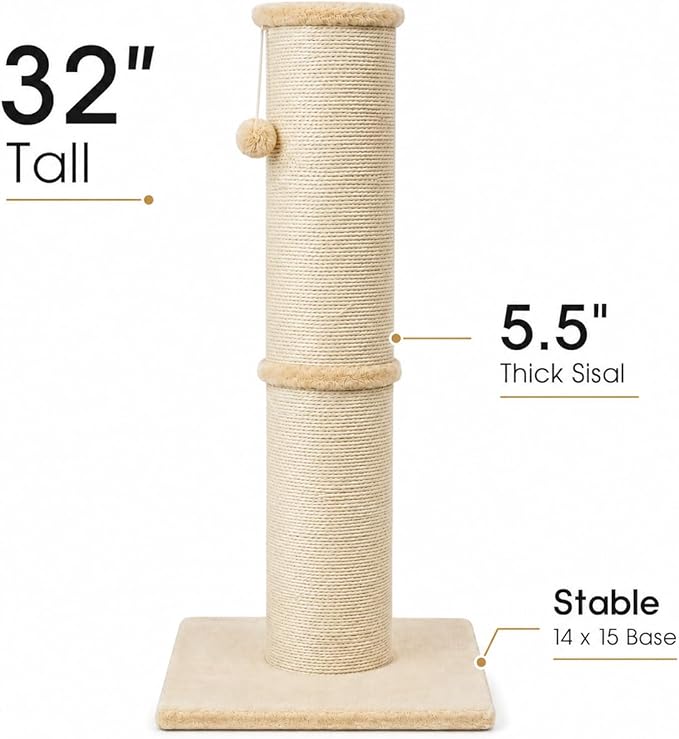 PAWSCRAT Cat Scratching Post 32 Inch High, 5.5 Inch Large Diameter Natural - Image 2