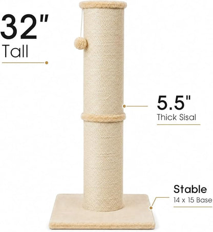 PAWSCRAT Cat Scratching Post 32 Inch High, 5.5 Inch Large Diameter Natural - Image 2