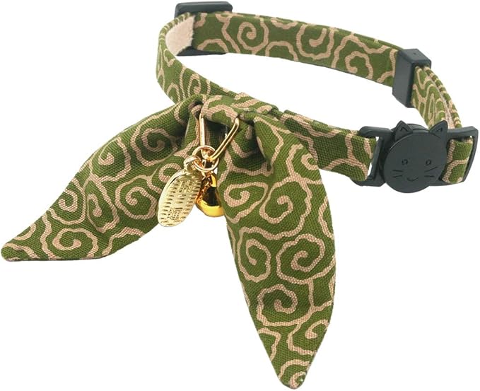 Bunny Ears Cat Collar, Japan Lucky ‘開三運’ Charm. Safety Breakaway Bowtie Kitten by PetSoKoo