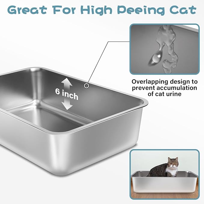 Stainless Steel Litter Box, 17.7"x13.8"x6" Medium to Large Metal Litter Box - Image 2