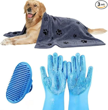 3PCS Dog Bath Supplies, Dog Bath Brush | Dog Washing Gloves | Dog Towel 40'' X by IDQQUQQ