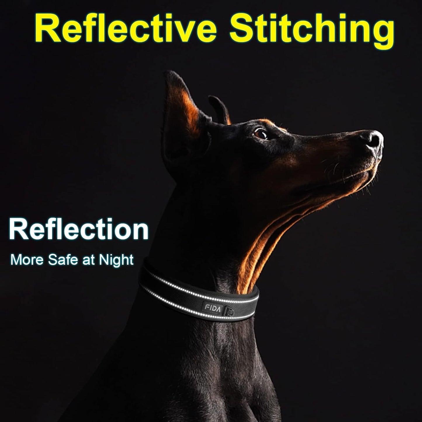 Fida Heavy Duty Dog Collar, Ultra Comfortable Soft Neoprene Padded, Adjustable Reflective Nylon Pet Collar with Durable Metal Belt Buckle for Large Breeds (L, Black)