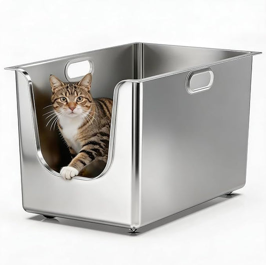Stainless Steel Litter Box 13.7'' High Sides, XL Metal Cat Litter Box by PTFFF