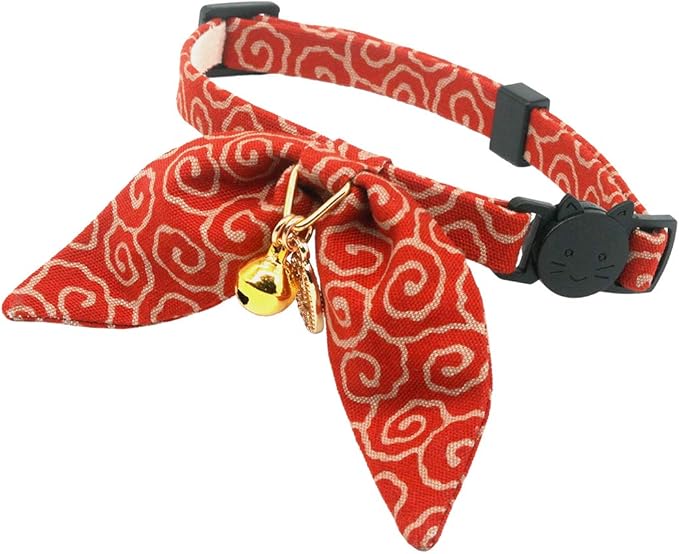 Bunny Ears Cat Collar, Japan Lucky ‘開三運’ Charm. Safety Breakaway Bowtie Kitten by PetSoKoo