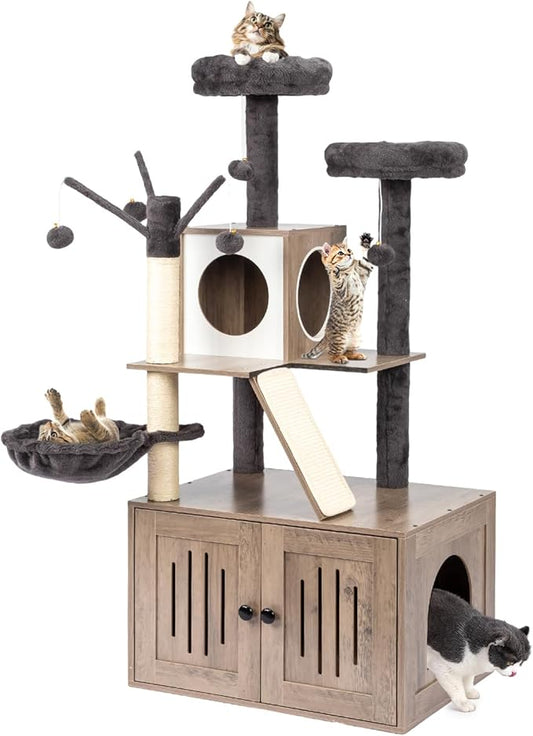 VINGLI Cat Tree Tower with Litter Box, Cat Tower wih Scratching Posts, Houses by VINGLI