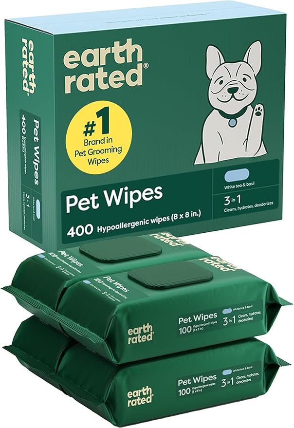 Earth Rated Pet Wipes for Dogs and Cats, Hypoallergenic, 3-in-1 Cleaning by EarthRated