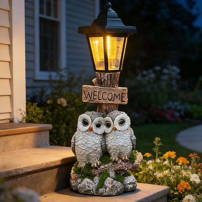 Outdoor Garden Owl Statue with Solar Lights, Owl Figure with Welcoming Sign - Image 2