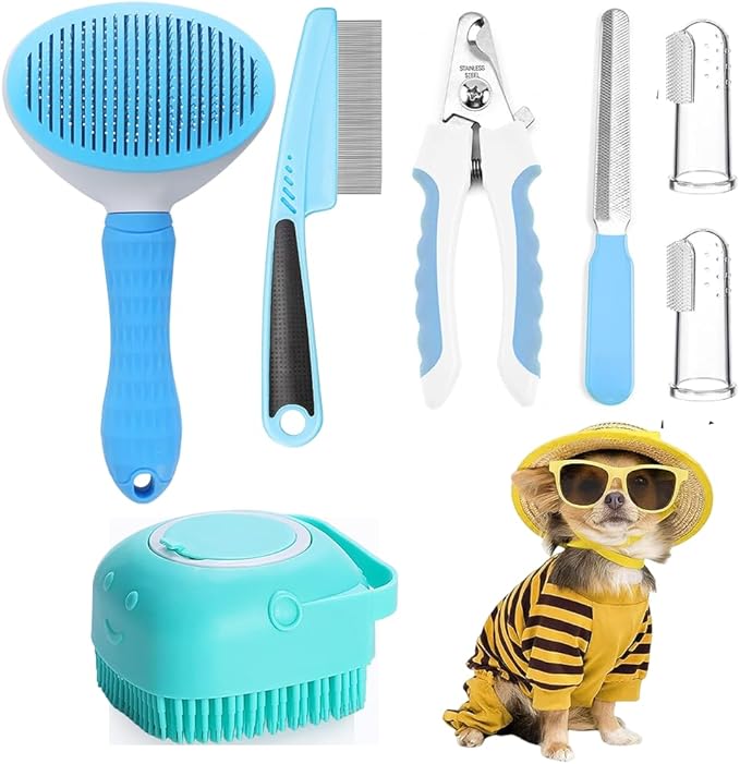 7pcs Pet Grooming Kit, Self-Cleaning Brush Shedding Kit by Qubccum