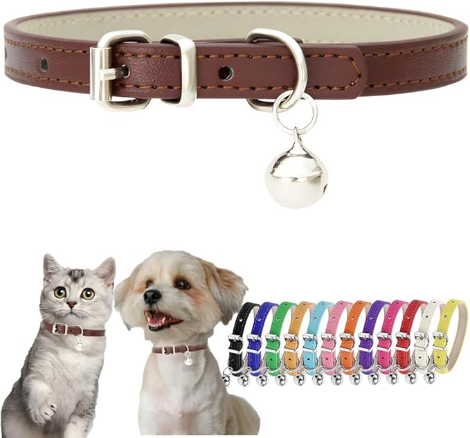 Brown Small Dog Collar with Bell PU Leather Puppy Collar with Bell Adjustable by Hotlion