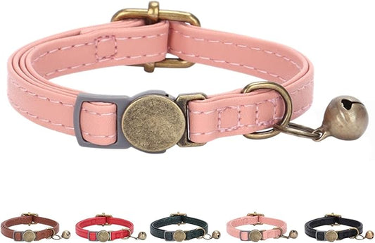 THAIN Leather Cat Collar with Bell Breakaway- Adjustable, Retro Bell fit Most by THAIN