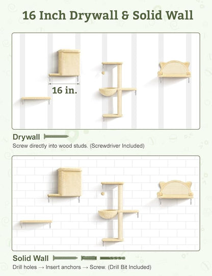 5-in-1 Cat Wall Shelves, Solid Wood & Velvet & Sisal Scratcher, 44lbs Max Load - Image 7