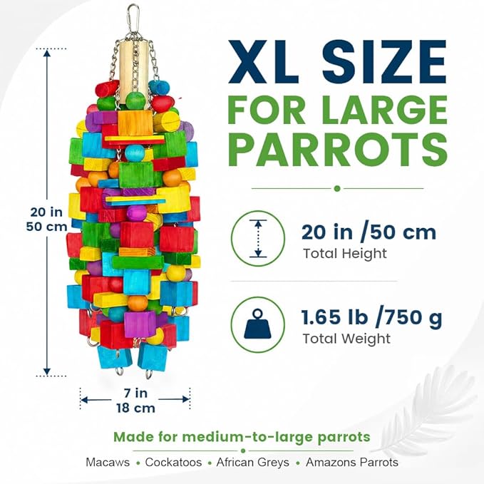 Large Bird Toy, 20 in XL Parrot Toys Natural Wood Blocks Bird Chew Toy - Image 3