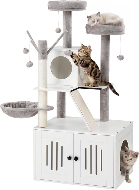 VINGLI Cat Tree Tower with Litter Box, Cat Tower wih Scratching Posts, Houses by VINGLI