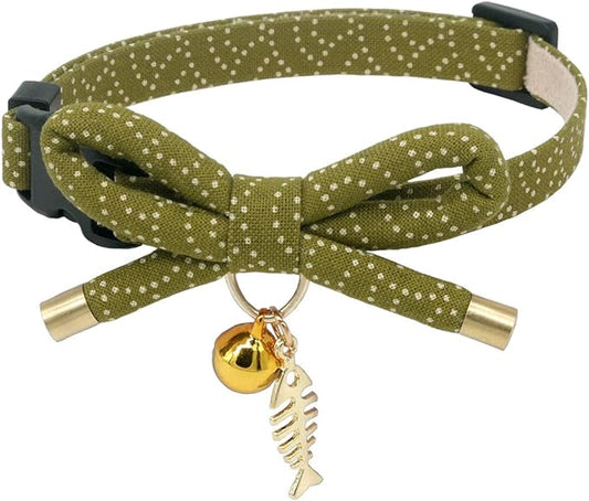 Cute Bowtie Cat Collar with Bell. Japanese Stylish Bowknot & Fish Charm. Safety by PetSoKoo