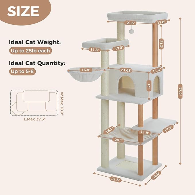 PAWZ Road Large Cat Tree, 73 Inches Tall Wooden Cat Tower - Image 2