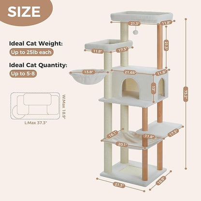 PAWZ Road Large Cat Tree, 73 Inches Tall Wooden Cat Tower - Image 2