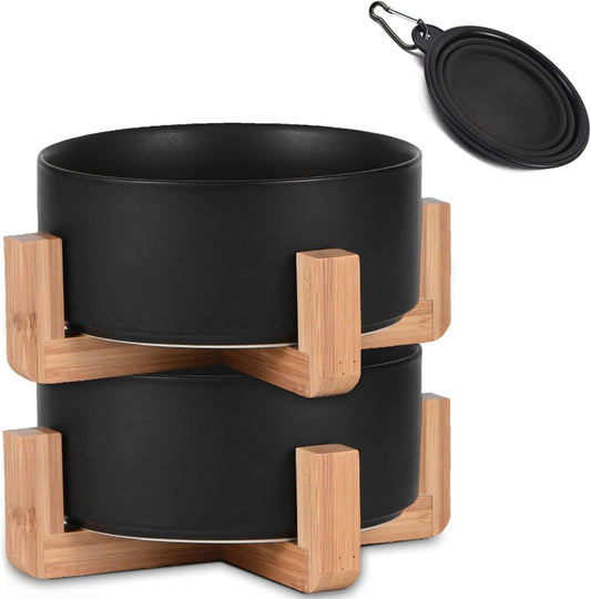 Petygooing Ceramic Black Cat Dog Bowl Set with Stand,Pet Food and Water Dish,Medium Pet Bowls Anti-Slip Set of 2 Cat Bowls-Pet Food Dishes- Small Medium Size Dog (28 OZ /3.6 Cups)