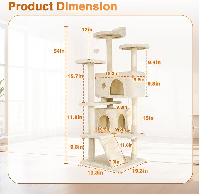 FDW | 54" Cat Tree Tower | Beige | Multi-Level Indoor Activity Center - Image 6