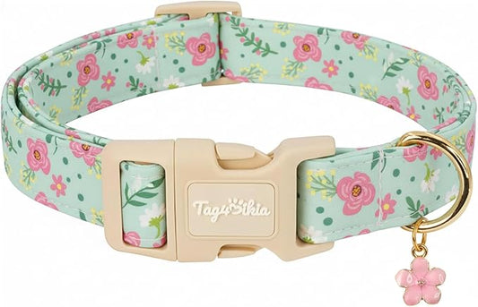 Dog Collar with Pink Floral Patterns, Spring Summer Collection Green Dog Collar by Unknown