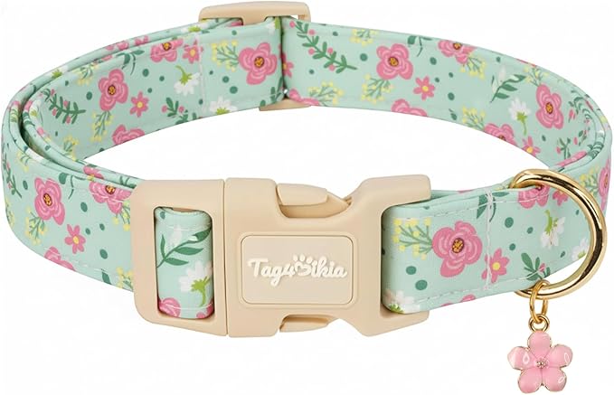 Dog Collar with Pink Floral Patterns, Spring Summer Collection Green Dog Collar by Unknown