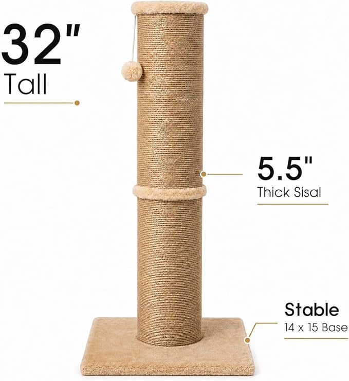 PAWSCRAT Cat Scratching Post 32 Inch High, 5.5 Inch Large Diameter Natural - Image 2