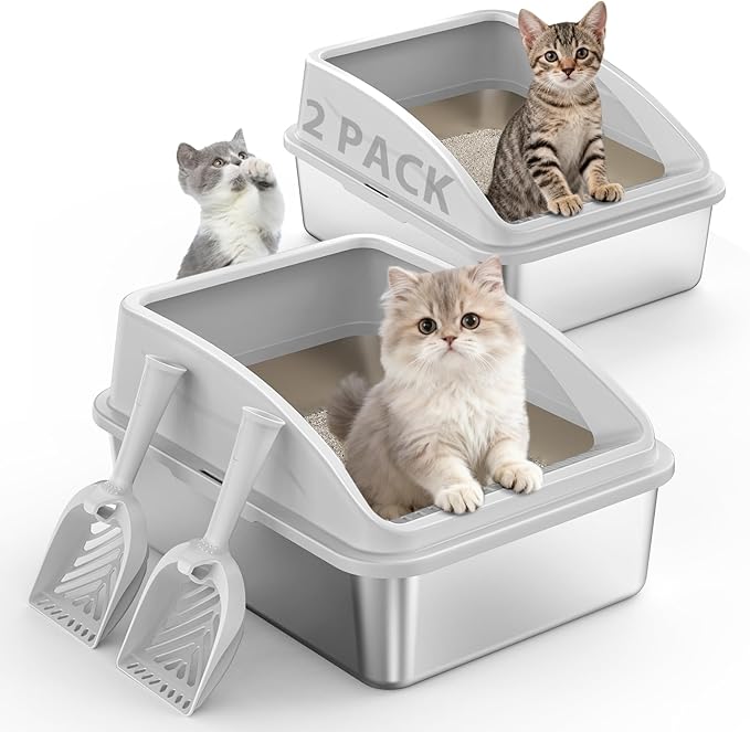 2 Pack Stainless Steel Litter Box | Metal Kitty Litter Box by AIPERRO