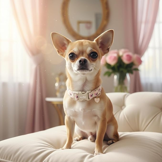 Bow Dog Collar with Pink Heart, Adjustable Cotton Dog Collar - Image 7