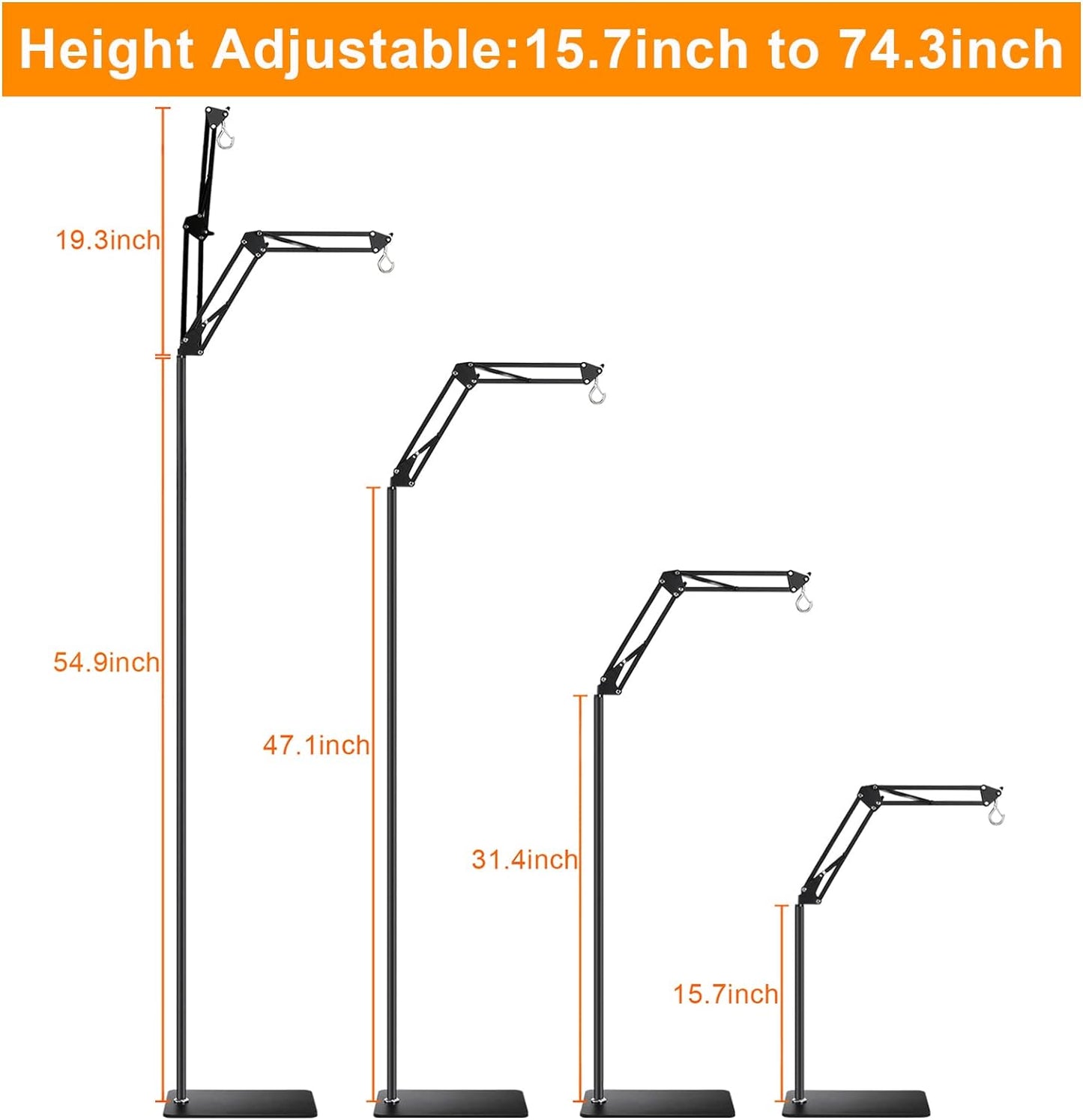 Reptile Lamp Stand Reptile Light Stand (15.7inch to 74.3inch) with 360° Adjustable Swing Arm, Heat Lamp Holder for Bearded Dragon Turtles Snake and Chicks