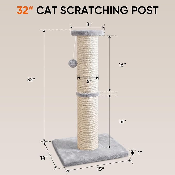 PAWSCRAT Cat Scratching Post 32" Tall, 5-Inch Diameter Natural Sisal Cat - Image 2