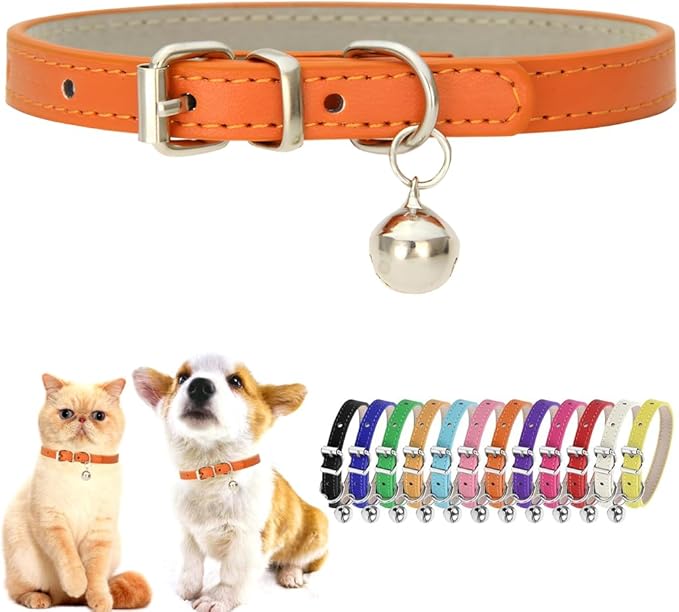 Orange Small Dog Collar with Bell Faux Leather Puppy Collar with Bells by Hotlion