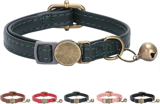 THAIN Leather Cat Collar with Bell Breakaway- Adjustable, Retro Bell fit Most by THAIN