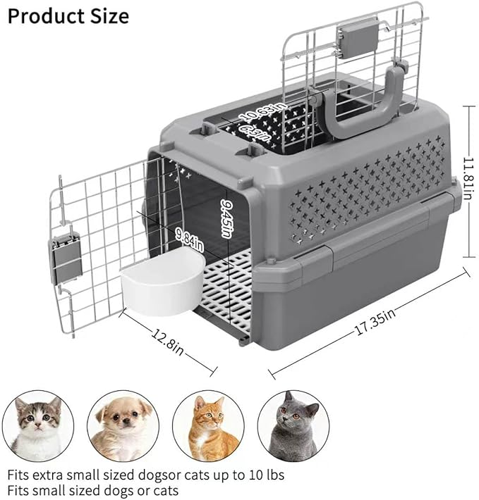 RIZZARI Grey Small Hard Sided Pet Carrier, Portable Ventilated Travel Crate - Image 2