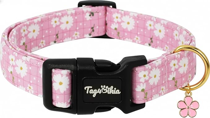 Dog Collar with White Floral Patterns, Spring Summer Collection Pink Dog Collar by Unknown