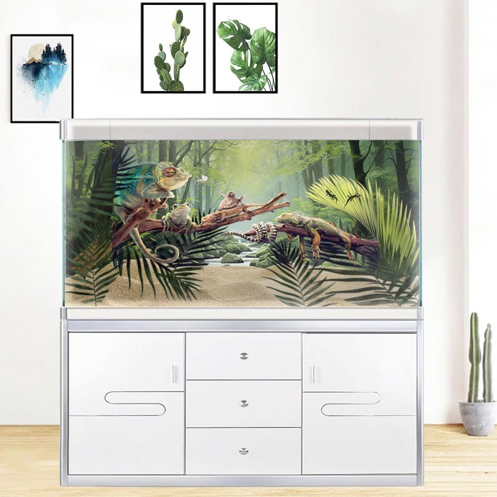 24X12IN Tropical Forest Terrarium Background, Natural Green Forest Tree Reptile Habitat Background, Misty Rainforest Aquarium Background, with 8 EVA Double-Sided Tape