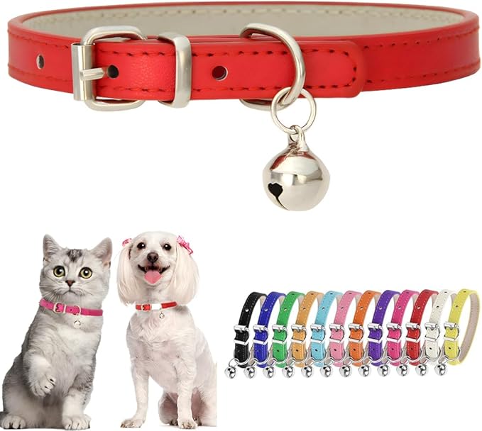 Red XXS Dog Collar with Bell Girls PU Leather Puppy Collar with Bell Adjustable by Hotlion