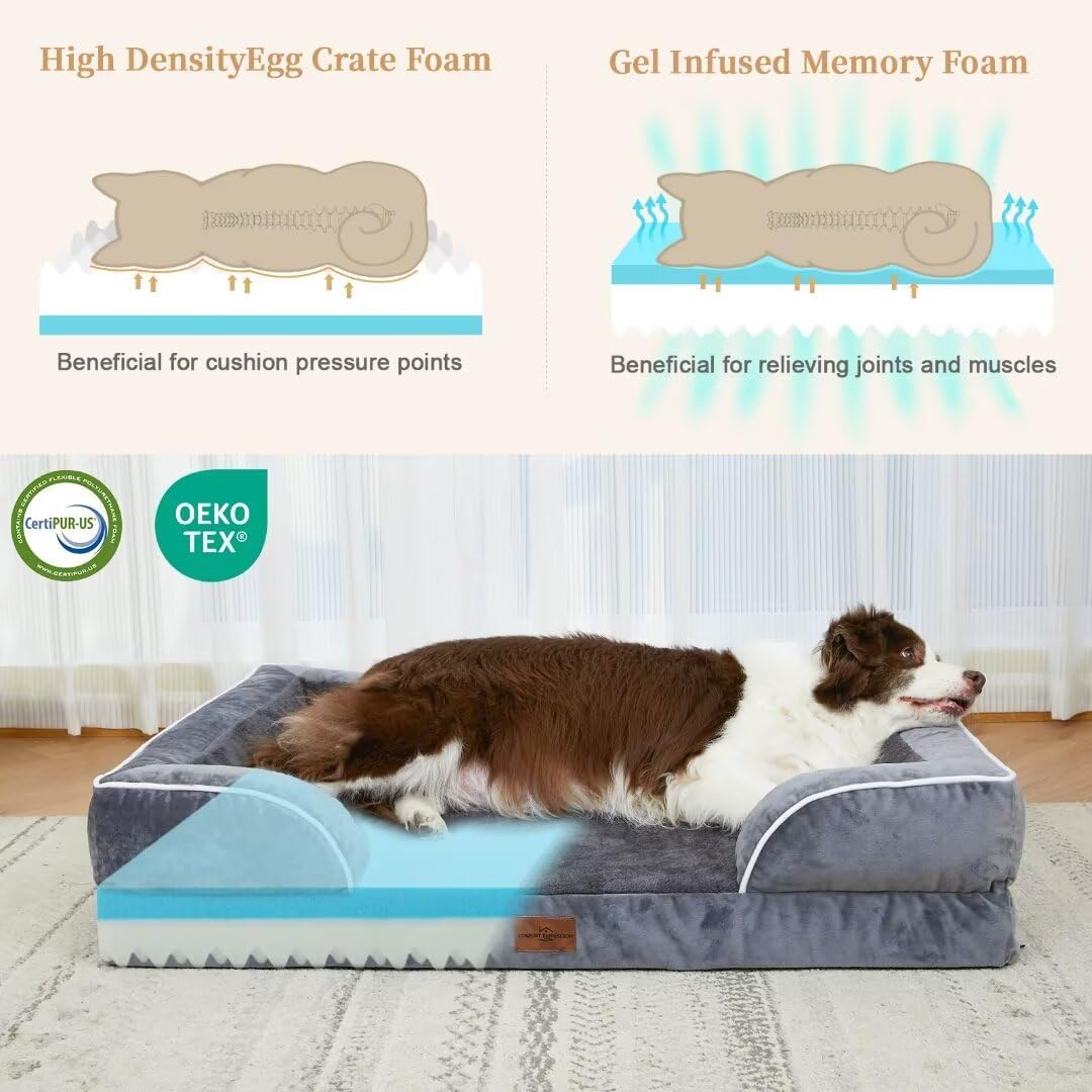 Comfort Expression Cooling Dog Bed for Large Dogs, Memory Foam Orthopedic Dogs Beds, Waterproof Washable Dog Beds with Removable Cover, Pet Bed Sofa with Bolster(Large,Leaden Grey)
