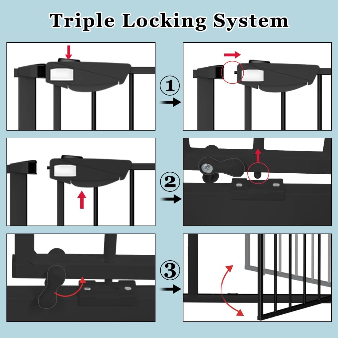 WAOWAO Triple Lock Baby Gate Extra Wide 62.59-67.32" Pressure Mounted Walk Through Swing Auto Close Safety Black Metal Dog Pet Puppy Cat for Stairs,Doorways,Kitchen