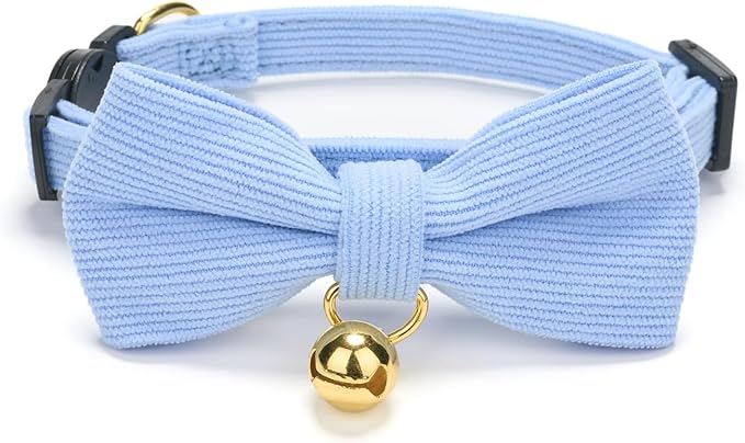 Soft Corduroy Cat Collar with Bell and Bowtie, Safety Breakaway Clasp, by Petiry